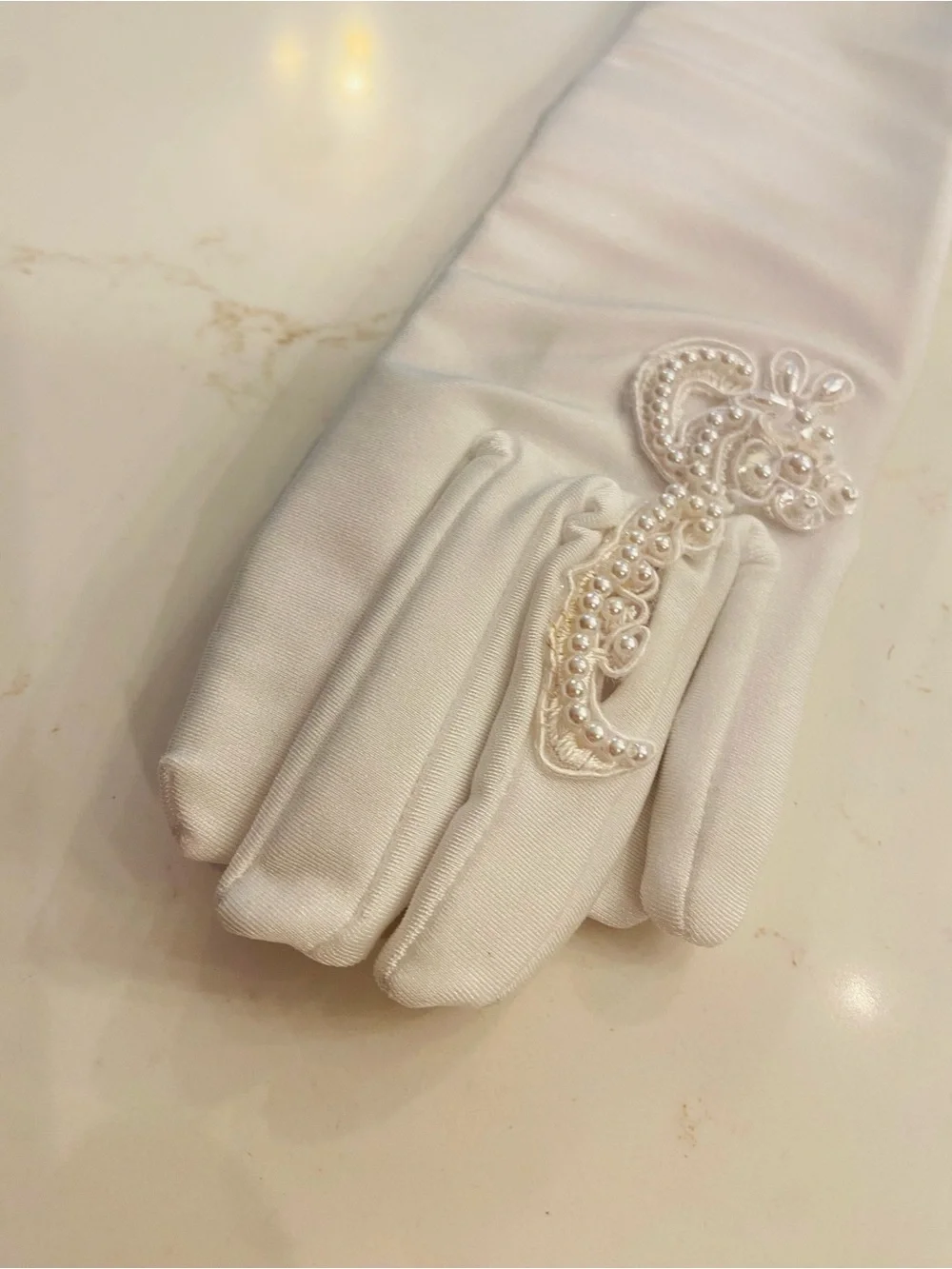 Vintage Bridal Gloves White Nylon  w/ Finger Lace Detail Ring Exposure One Size